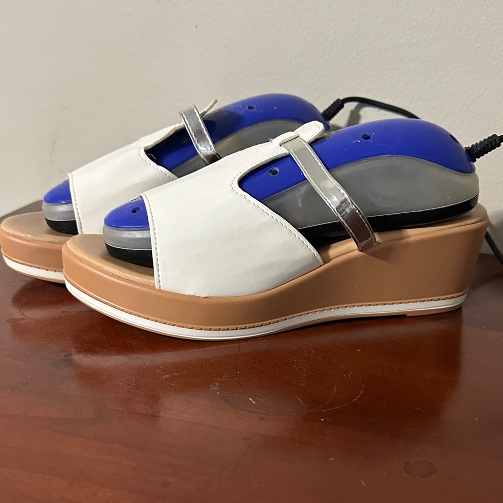 Elegant White and Tan Wedge Sandals
